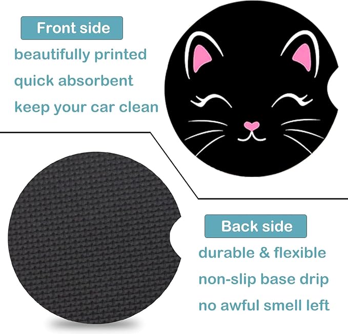 Car Coasters for Cup Holders,2 Pack Black Cat Car Coasters,2.75" Universal Size Anti Slip Rubber Mat,Automotive Cup Holder Decal Decor Accessories,Cute Cat Gifts for Women,Men,Mom