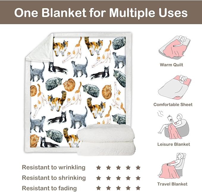 Sleepwish Colorful Cat Fleece Throw Blanket for Couch Chair Fuzzy Kitten Print Plush Sherpa Blanket Gifts for Cat Lovers Kids, Baby(30"x 40")