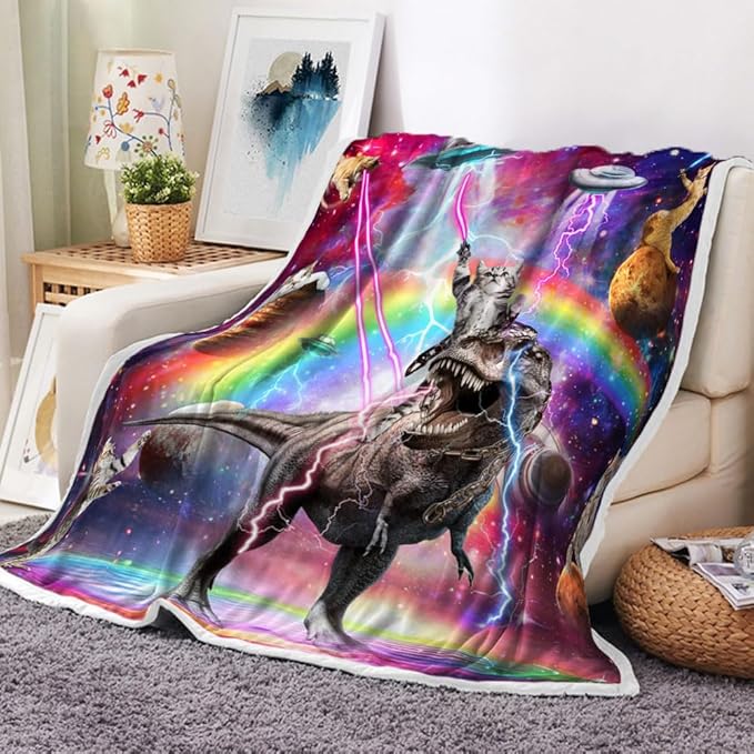 Funny Dinosaur Blankets, Farmhouse Cool Cat Riding Dino in Purple Galaxy Space Food Fleece Throw Blanket All Season Cozy Soft Lightweight Couch Sofa Bed Bedding