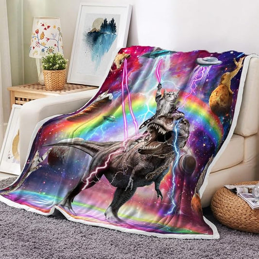 Funny Dinosaur Blankets, Farmhouse Cool Cat Riding Dino in Purple Galaxy Space Food Fleece Throw Blanket All Season Cozy Soft Lightweight Couch Sofa Bed Bedding
