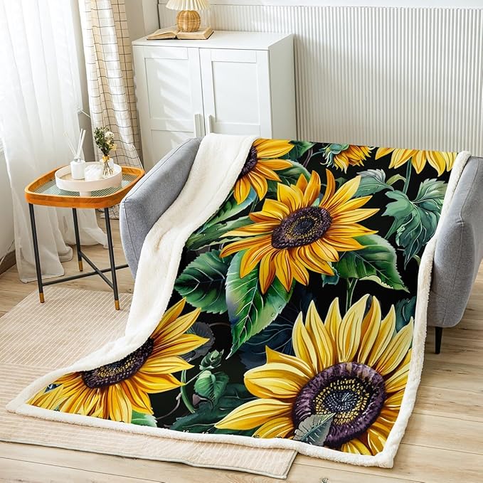 Sunflower Plush Blanket Floral Print Fleece Throw Blanket Blossom Flowers Pattern Sherpa Blanket for Sofa Couch Bed Botanical Branches Garden Fuzzy Blanket Room Decor Baby 30x40 Inch