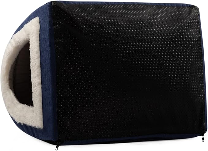 Hollypet Linen Cat Bed, Self-Warming 2 in 1 Foldable Cave House Animal Shape Nest Pet Sleeping Bed, Blue