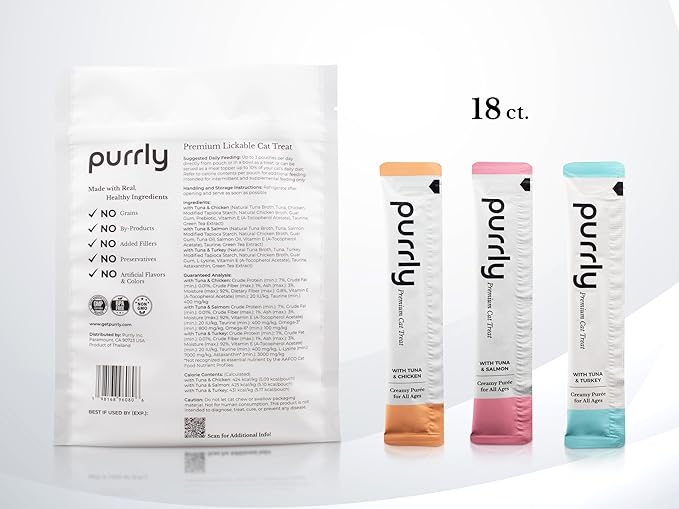 Purrly Cat Treat Snack Wet Lickable Low Calorie Healthy Grain-Free Tuna Variety Packs (18 Count) Squeezable Creamy Purée with Human-Grade Proteins and Functional Nutrients No-Artificial-Additives