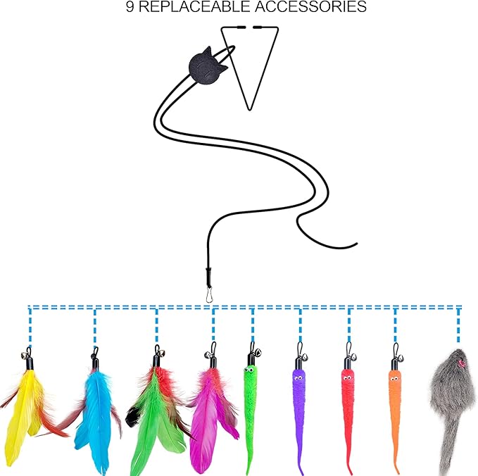 Interactive Cat Toys Set Teaser Feather Wand, Hanging Door Toy & Multiple Attachments - Telescopic Cat Fishing Pole Toy for Kitten