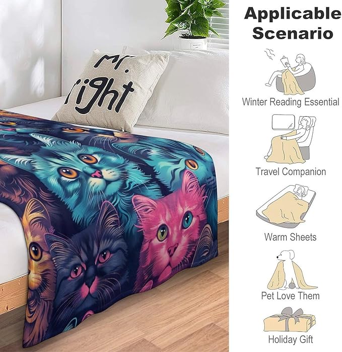 Funny Colorful Cat Print Blanket Cute Kawaii Kitty Animal Throw Blankets Gifts for Couch Sofa Bed Stuff Decor Soft Cozy Fleece Plush Warm Flannel Bedding for Lover Men Women 40"x50"