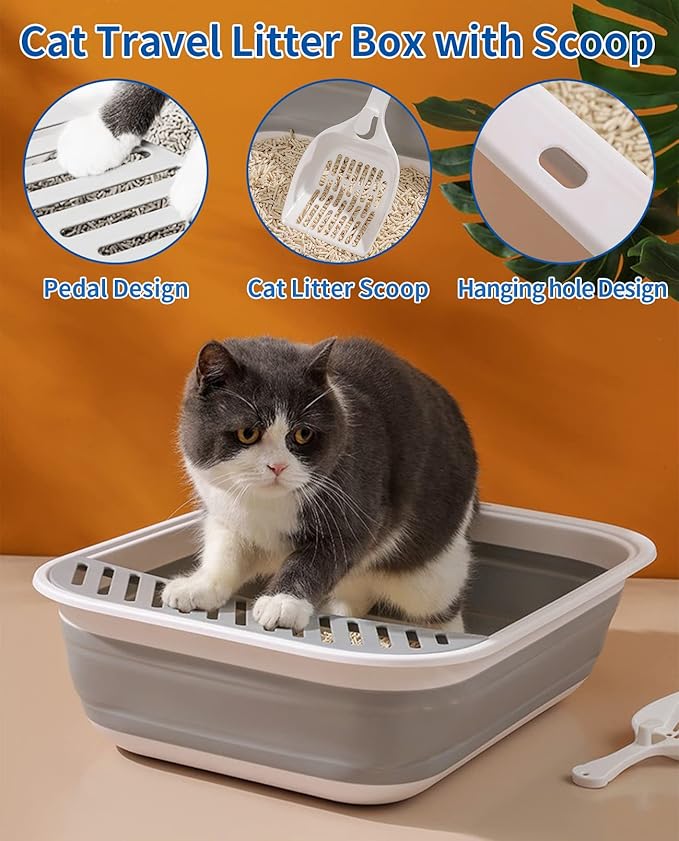BNOSDM 8 Pcs Small Kitten Collapsible Litter Box Low Entry for Travel Set, Litter Boxes for Senior Cats, Foldable Cat Toilet, Open Small Litter Pan for Kittens (Grey)