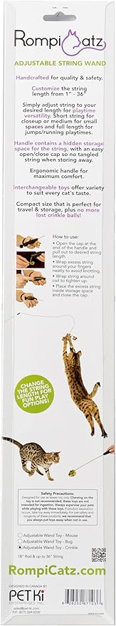 RompiCatz Adjustable Retractable String Wand and Interactive Cat Toy, Crinkle Balls