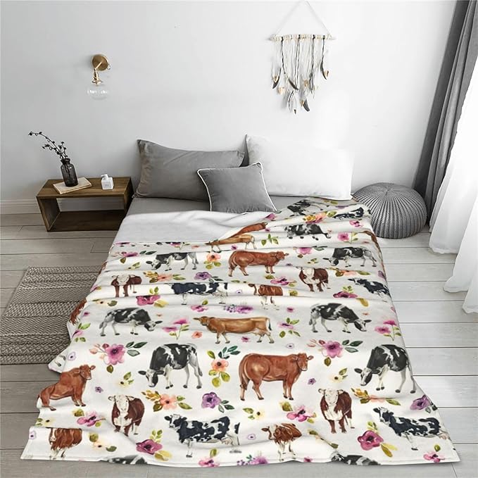 Cow Blanket Cattle Floral Decor Throw Blanket Super Warm Soft Plush Lightweight Fleece Flannel Farmhouse Cute Animals Blanket Gifts for Girls Boys Women Men for Winter Couch Bedding 40"X50"