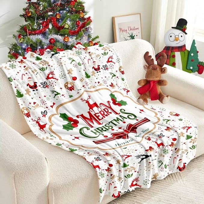Christmas Blanket Santa Claus Deer Flannel Throw Blanket Soft Plush Snowman Blanket for Couch Sofa Bed Merry Christmas Home Decor 50x60”