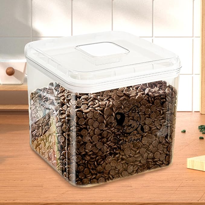 Cat Food Storage Container with Scoop,Plastic Pet Food Container With Flip Up Lid,Cat Food Treats Storage Bin,Keep Food Dry and Fresh,Stackable,Hold up to 6~7Lbs-BPA Free
