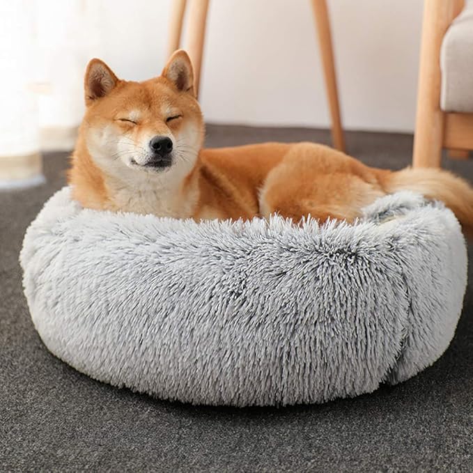 La La Pet® Modern Pet Soft Plush Burrowing Cave Faux Fur Cuddler Round Cat Bed Self Warming Autumn Winter Indoor Snooze Sleeping Cozy Nest for Mini Medium Sized Dog Kitty Teddy Kennel (Gray, M)