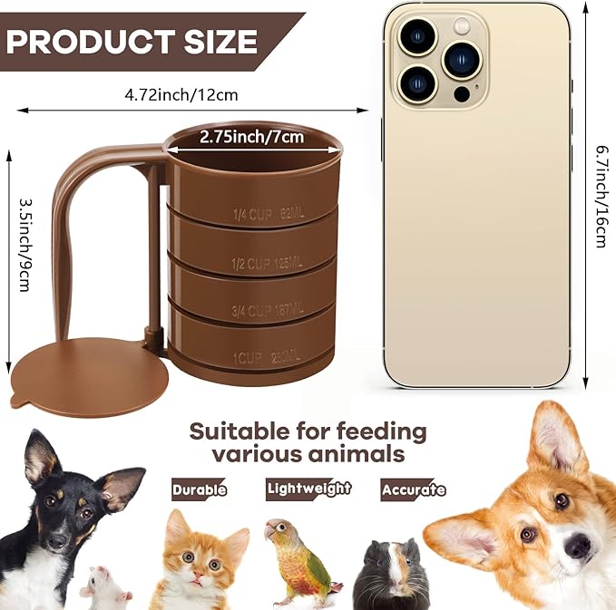 Pet Food Scoop, Dog Food Cups, Plastic Food Scoop with Measuring Lines, (Includes 1 C, 3/4 C, 1/2 C, 1/4 C), Pet Food Measuring Cups for Dog, Cat or Bird Food, Injection Molded and Dishwasher Safe