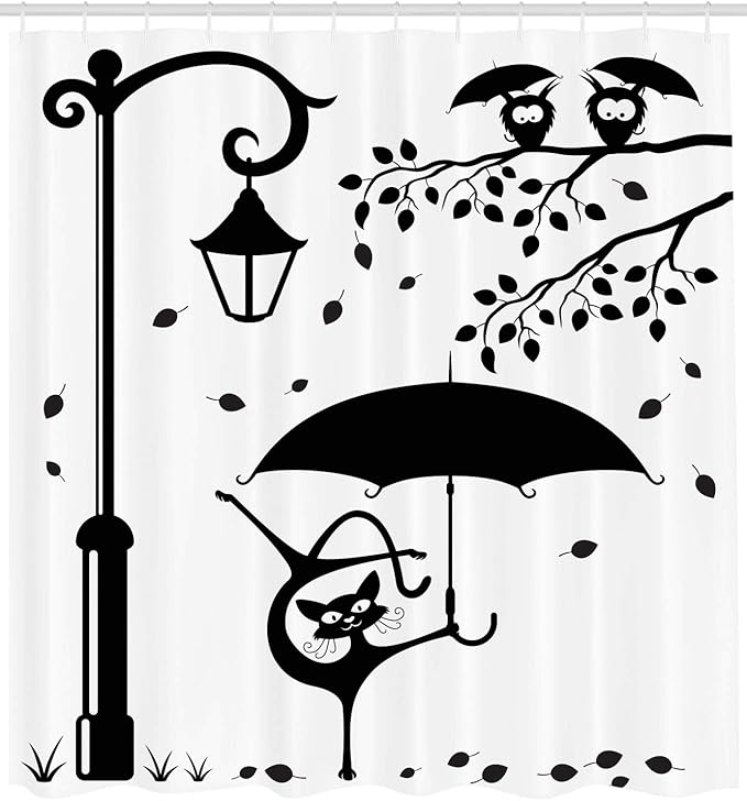 Ambesonne Cat Shower Curtain, Funny Kitty with Umbrella Dancing Under Street Lamp in Town Urban Humorous Print, Cloth Fabric Bathroom Decor Set with Hooks, 69" W x 84" L, White and Black