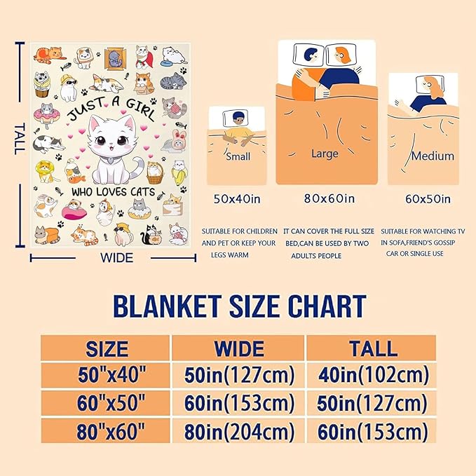 Cat Blanket Soft Cozy Warmth Flannel Cats Throw Blankets Just A Girl Who Loves Cats Blankets Bedding Decor for Cat Lover Girls Women Adults Gifts 80"x60"