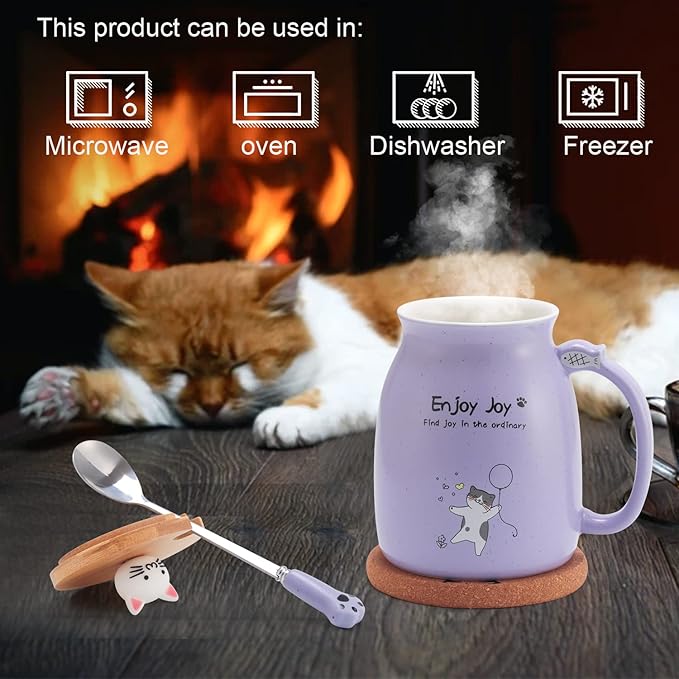 Bgbg Cute Cat Mug - Novelty Ceramic Coffee Cup With Kawaii Wooden Kitty Lid, Lovely Claw Spoon, Anime Coaster - Christmas Birthday Gifts for Women, Cat Lovers, Girls, Kids - 480ML