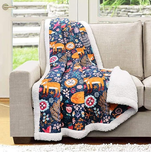 Lush Decor Pixie Fox Reversible Sherpa Throw Blanket, 50” W x 60"L, Navy & Orange- Quilted Toddler Blankets For Boys Or Girls - Colorful Florals- Soft & Fluffy Kids Blanket For Bed, Couch Or Chair