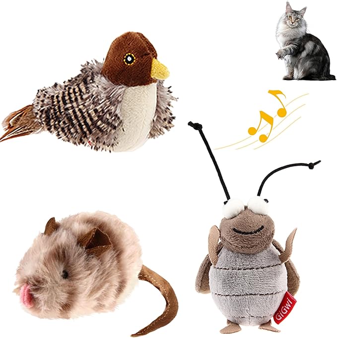 PETGEEK GiGwi Chirping Bird Cat Toys 3 Pcs- Melody Chaser Realistic Plush Cat Toys for Indoor Cats- Hangable Design Best Gift for Birthday, Thanksgiving, Christmas, New Year (Bird Mouse Cricket Set)