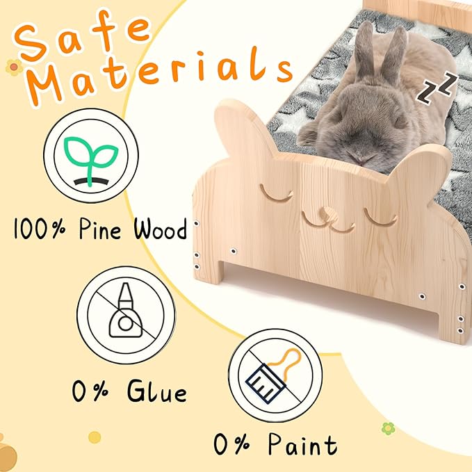 Larged Wooden Rabbit Bed, with Reinforced Bottom Support, Wooden Pet Bed with Removable Cushion, Designed for Small Pets, Suitable for Kittens,Bunny, Guinea Pigs, Puppies, Ferrets Sleeping Pet Bed