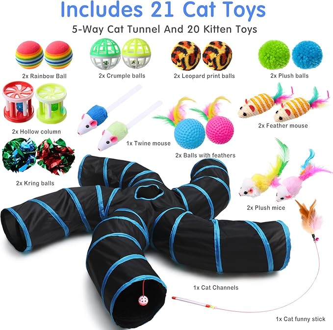 Poen 21 Pcs Cat Tunnel for Indoor Cats Set Collapsible 5 Way Cat Tubes with 20 Pcs Cat Toys Kitten Toys Interactive Cat Feather Toy Mouse Crinkle Balls Cat Tube for Puppy Kitten Rabbit(Blue Black)