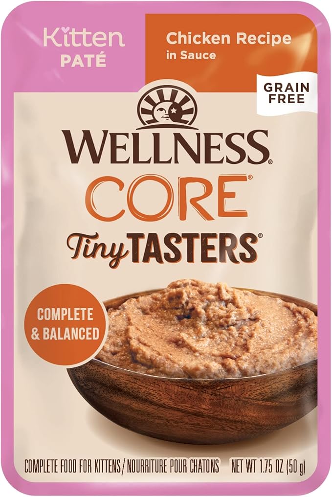 Wellness CORE Tiny Tasters Wet Kitten Food, Complete & Balanced Natural Pet Food, Made with Real Meat, 1.75-Ounce Pouch, 12 Pack (Kitten, Chicken Pate)