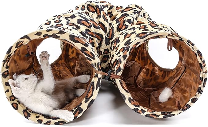 LeerKing Extra Long Cat Tunnel 51"(L) Dia 12" for Large Fat Cat connectable Crinkle Tube Indoor Outdoor Hideaway Toy for Kitty Bunny and Puppy Leopard