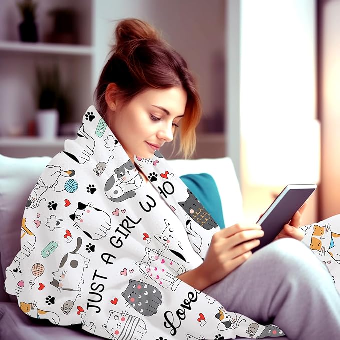 Cat Gifts Blanket for Women Girls Just A Girl Who Loves Cats Blanket Throw Plush Stuff Cats Gifts for Cat Lovers Women Girls Kids Adults Birthday Decorations 60"X50"