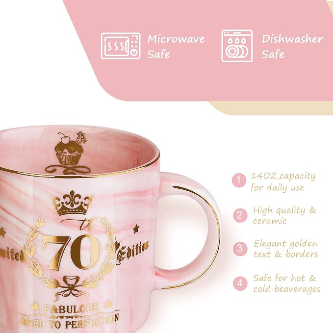 70th Birthday Gifts for Women - Aged to Perfection Coffee Mug - Unique Birthday Present for Grandma Mum Wife Girl Friend Sister - Pink Marble Mug for Coffee Lovers 14Oz Tea Cup Gift Boxed