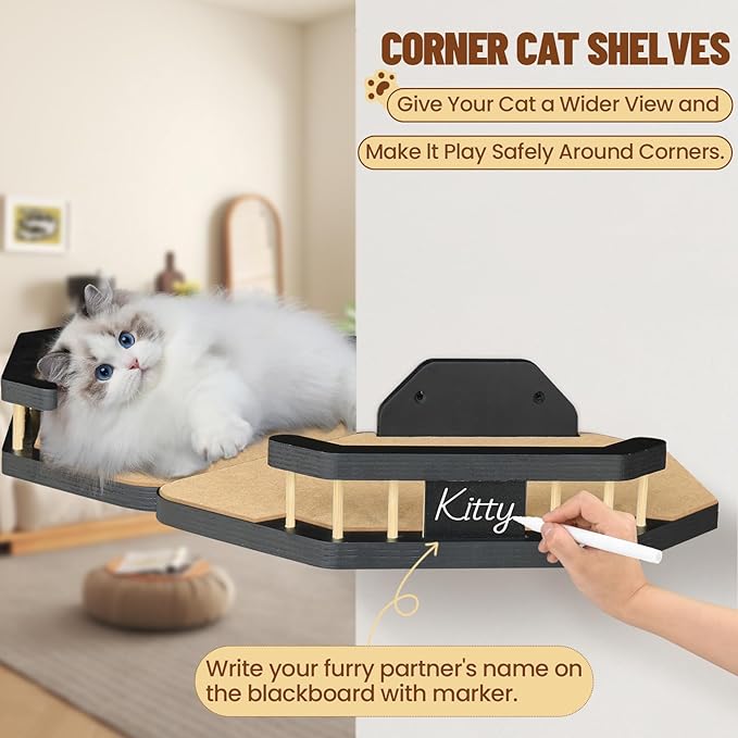 Cat Wall Furniture Wall Mounted, 2PCS Cat Shelves and Cat Perches for Wall with 3 Cat Wall Steps and Scratching Pad, Cat Wall Shelves Fit Cat Up to 15Lbs, Wood Cat Hammock Wall Mount (Black)