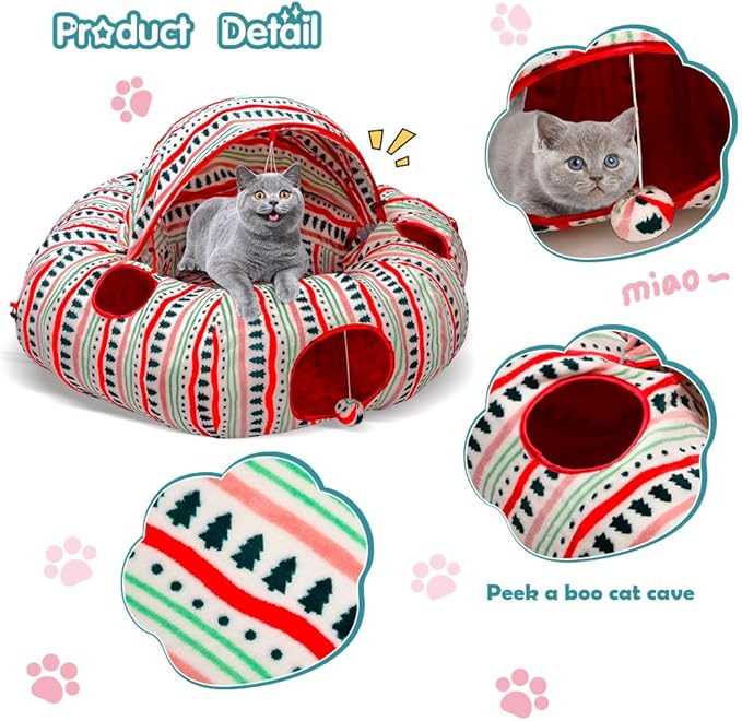 Cat Tunnel Bed for Indoor Cats, Soft Plush Peekaboo Cat Cave Donut Tunnel, Multifunctional Cat Playground Toys Hideplace for Small Medium Large Cats, Kittens, Rabbit, Ferret (Red)