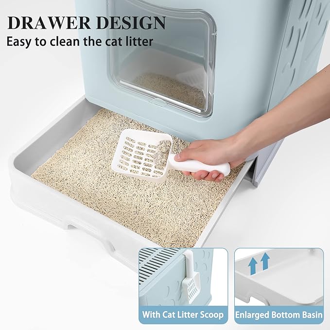 Bolux Foldable Cat Litter Box with Lid, Extra Large Litter Box with Cat Litter Scoop, Drawer Type Cat Litter Pan Easy to Scoop & Low Tracking (Blue XL)
