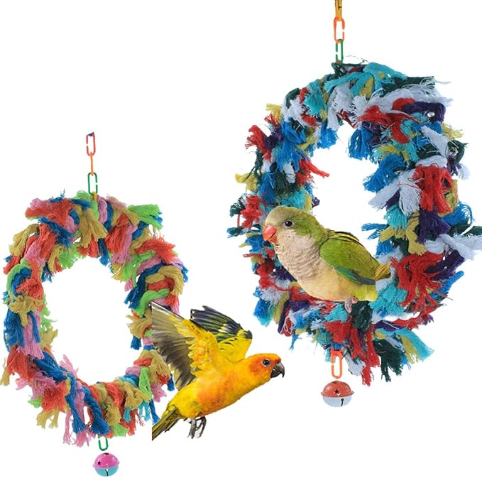 2Pcs Bird Swing，Bird Swing Toy，Bird Colorful Cotton Rope Hanging Ring Parrot Preening Grooming Chew Climb Biting Toy ，Large Bird Toys