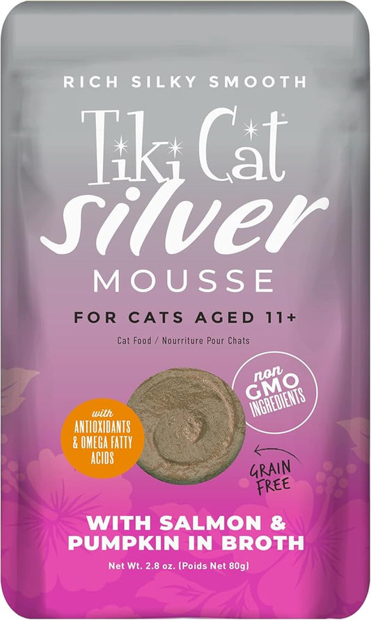 Tiki Cat Silver Mousse, with Salmon & Pumpkin in Broth, Silky Smooth Nutrient Rich Formulated for Older Cats Aged 11+, 2.9 oz. Pouch (Pack of 12)