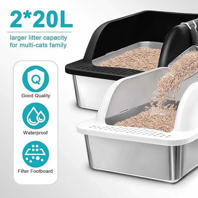 2 Pack Stainless Steel Cat Litter Box with Lid, Enclosed Sides Extra Large Matel Litter Box for Big Cats, XL Steel Litter Pan for Multiple Cats with Cat Litter Scoop, Easy Cleaning