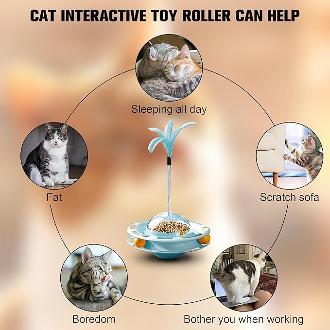 2 in 1 Cat Interactive Toy Roller 3-Level Turntable Cat Toy Cat Slow Feeder Food Dispenser Cat Kitten Wand (Green-B)