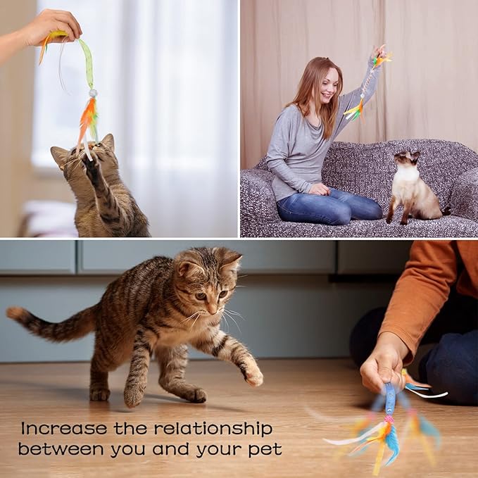 TUSATIY Cat Feather Toys with Bell 4Pack, Colorful Cat Teaser Cat Springs Ribbon Toys,Interactive Cat Toys for Indoor Cats Kitten, Suitable for Cats Bite & Hunt