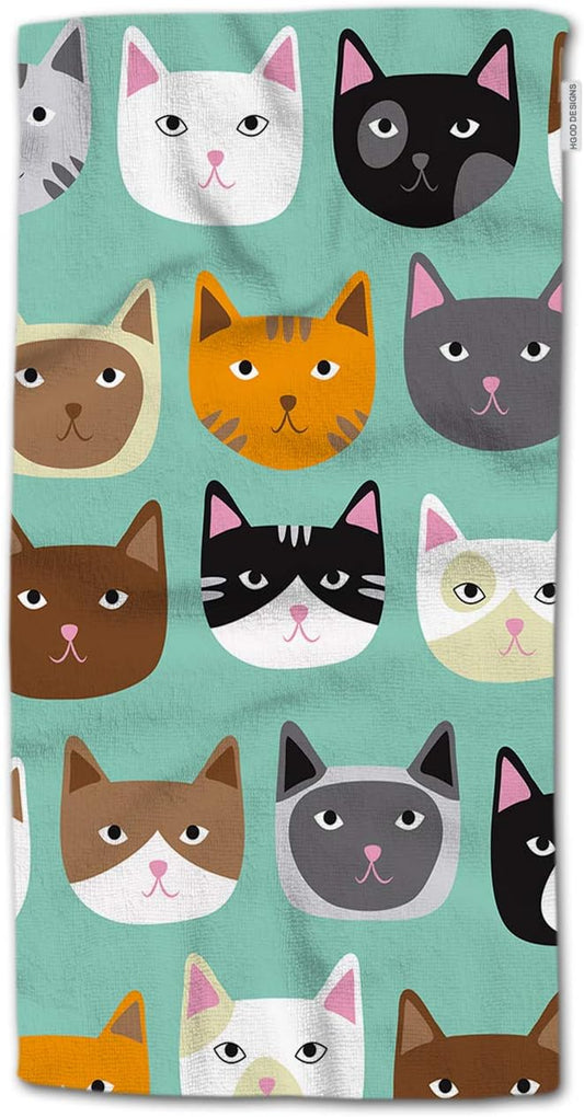 HGOD DESIGNS Cat Hand Towels, Cartoon Curte Cat Face Pattern 100% Cotton Soft Bath Towels 15'X30'