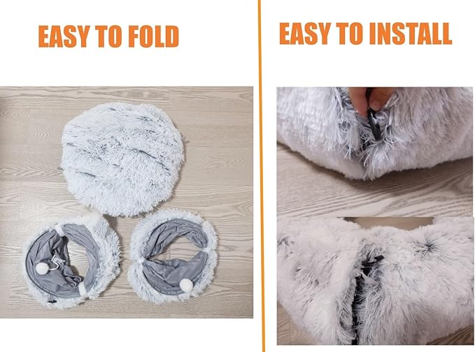 Plush Cat Tunnel Bed with Central Mat for Indoor Cat Kitten Puppy Rabbit,Under Christmas Tree Soft Plush Cat Play Tunnel, Peephole and Hanging Ball