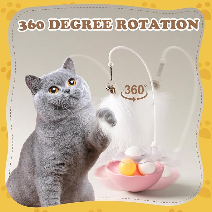 3-in-1 Tumbler Catnip Toy Interactive Cat Toys Cat Teaser with Feather and Bell, Track Balls Kitten Toys for Indoor Cats 9.8'' High (Pink)