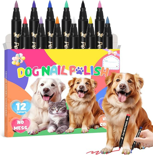 Dog Nail Polish Pens Quick Dry - 12 Colors Pet Nail Polish Set for Dogs, Dog Safe Easy Application Nail Polish Pens for Dog Nail Art, Fast Dry Girl Doggy Nail Polish - Great Puppy Nail Pawlish Set