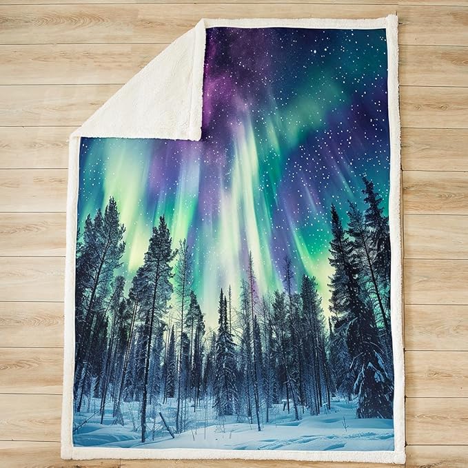 Northern Light Plush Blanket Galaxy Pine Trees Fleece Throw Blanket for Sofa Couch Bed Starry Sky Aurora Sherpa Blanket Room Decor Aurora Theme Fuzzy Blanket Green Purple King 87x95 Inch
