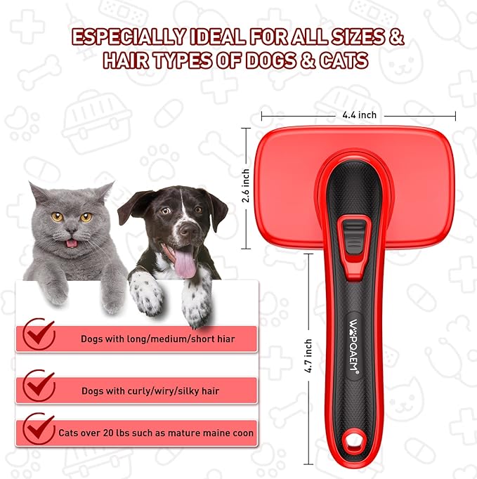 Self Cleaning Slicker Brush for Shedding Long Short Haired Dogs & Cats, Remove Loose Tangling Knot Undercoat Fur Mats, Grooming Brush with Retractable Bristles for Small Medium Large Pet, Red