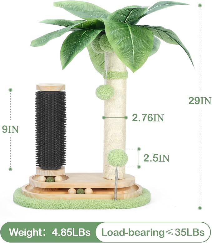 Cat Scratching Post, 29" Tall Cat Scratcher Post with Cat Self Groomer, Dangling Plush Balls, 5-in-1 Interactive Trackball Cat Toys for Indoor Cats with 2 Layer Tracks 6 Spinning Balls Sisal Cat Tree