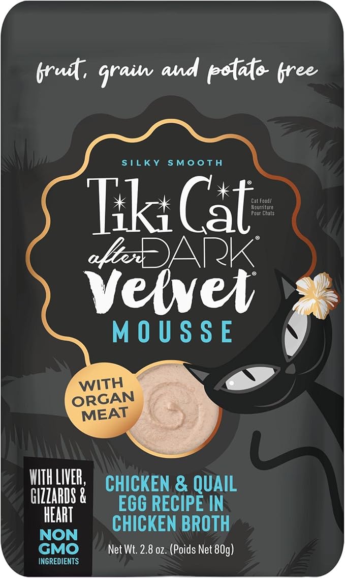 Tiki Cat After Dark, Velvet Mousse, Chicken & Quail Egg Recipe in Chicken Broth, Grain & Potato Free Formula, with High Protein & Nutrient Dense Blended Organ Meat, 2.8 oz. Pouch (Pack of 12)