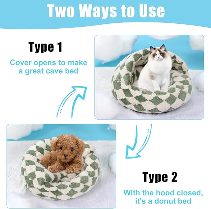 Dog Beds for Small Dogs, Cat Bed Cave, Washable Cute Cat Bed, Cozy Nook Pet Bed for Dogs or Cats, Anti-Slip Puppy Bed Fits up to 22 lbs Pets(Grid Green, 24" x 24")