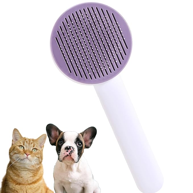 Self Cleaning Slicker Brush for Cat or Dog, Pet Grooming Brush for Long or Short Hair, Dog comb For One Button Gently Removes Loose Undercoat and Shedding Hair (Purple-Only Brush)