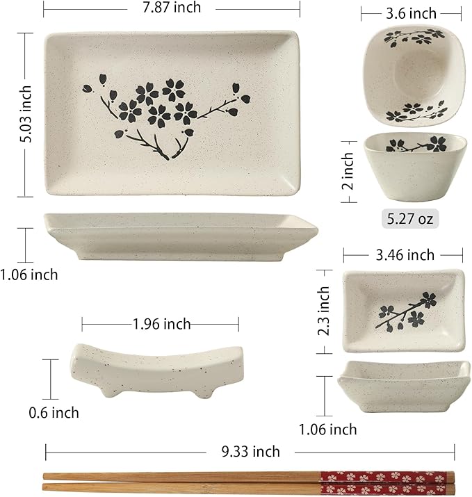 8 pcs Japanese Sushi Plate Sets Serving Platters and Trays for Entertaining Sushi Dishes Set Plates Sushi Plates Traditional Cuisine Dinnerware Sets with Chopsticks Floret
