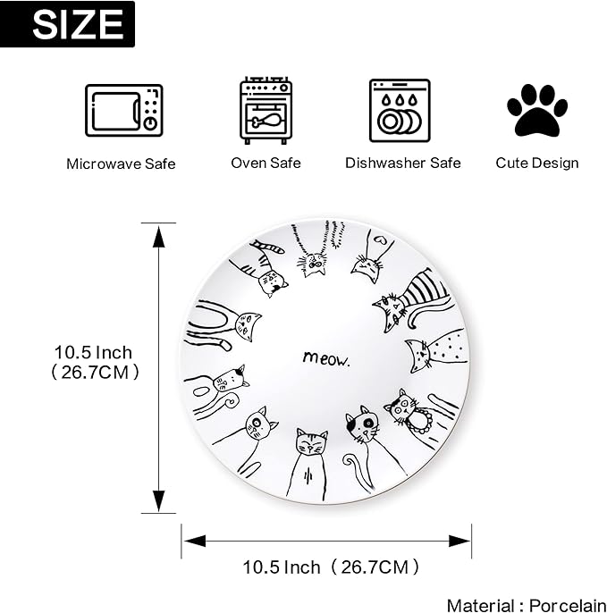 Cartoon Cat Porcelain 10.5-Inch Dinner Plate Set,Set of 2