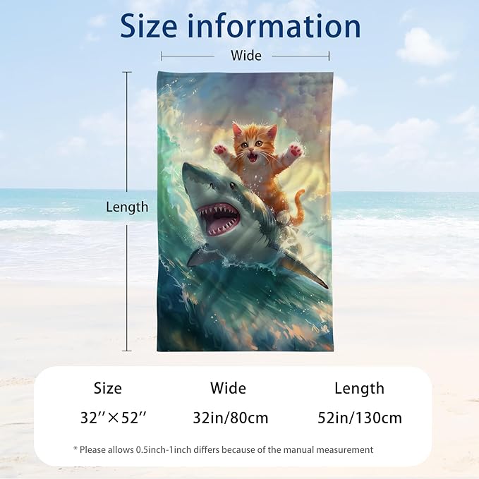 WZOMT Cute Cat Beach Towel, Microfiber Shark Beach Towel, Funny Cat Ride Shark Surfing Ocean Towels, Cats Towels for Cats Lovers, Quick Dry Kitten Kitty Bath Pool Towel, Oversized 32x52 Inch