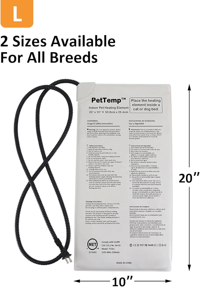 Pet Bed Warmer, Compact Heating Pad Insert for Cat Dog Beds, Turn Any Pet Bed Into a Heated Pet Bed, Waterproof Heated Bed Mat with Chew-Resistant Cord, Safe and Warm (L:20' x 10'')
