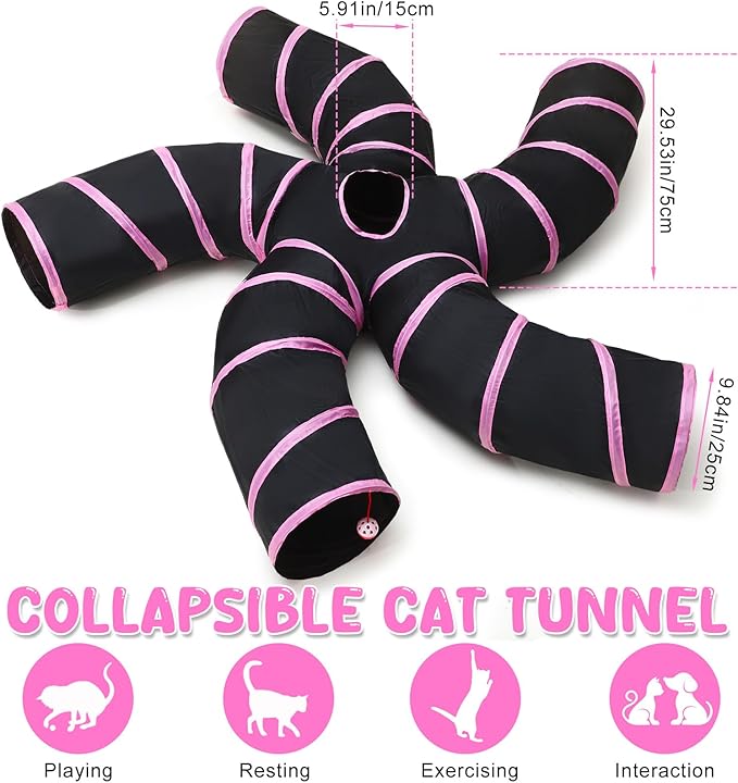 Poen 21 Pcs Cat Tunnel for Indoor Cats Set Collapsible 5 Way Cat Tubes with 20 Pcs Cat Toys Kitten Toys Interactive Cat Feather Toy Mouse Crinkle Balls Cat Tube for Puppy Kitten Rabbit (Pink Black)